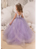 Violet Lace Applique Tulle Corset Back Long Flower Girl Dress